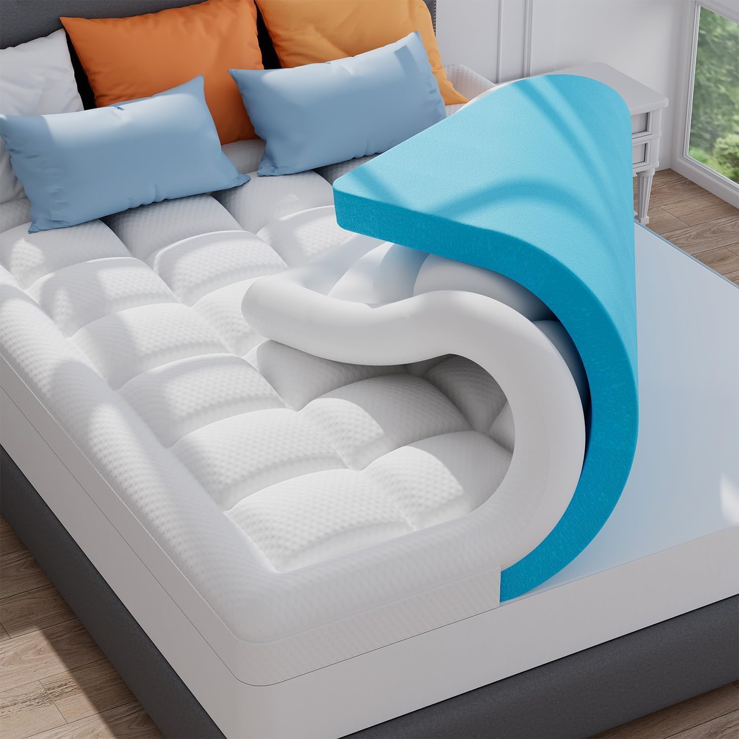 ELEMUSE Queen Size Dual Layer 3 Inch Memory Foam Mattress Topper,Cooling Gel Memory Foam Pillow Top Mattress Pad Cover for Back Pain Relief