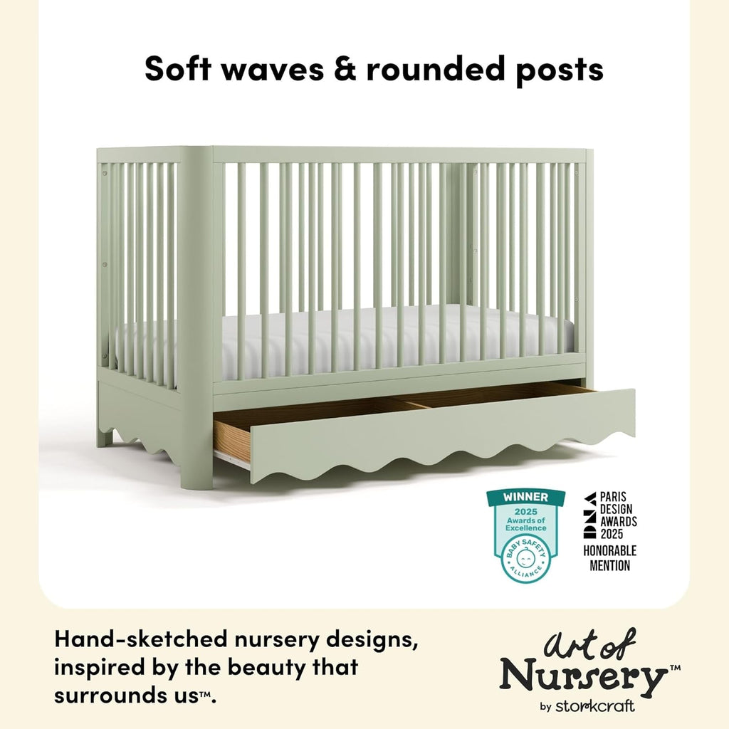 Storkcraft Casablanca Convertible Crib with Drawer and Toddler Guardrail (Sage) – GREENGUARD Gold Certified, Toddler Bed Conversion Kit Included, Fits Standard Crib Mattress, Crib with Storage