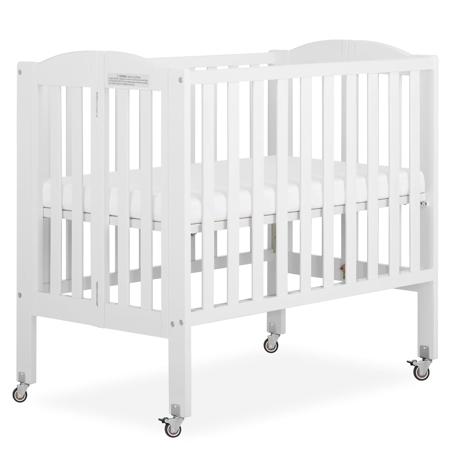 Dream On Me 2-in-1 Portable Mini Crib, Non-Full Size Baby Crib for Small Spaces, 2 Mattress Heights, Compact Travel Design, Includes Mattress, GREENGUARD Gold & BSA Certified, White