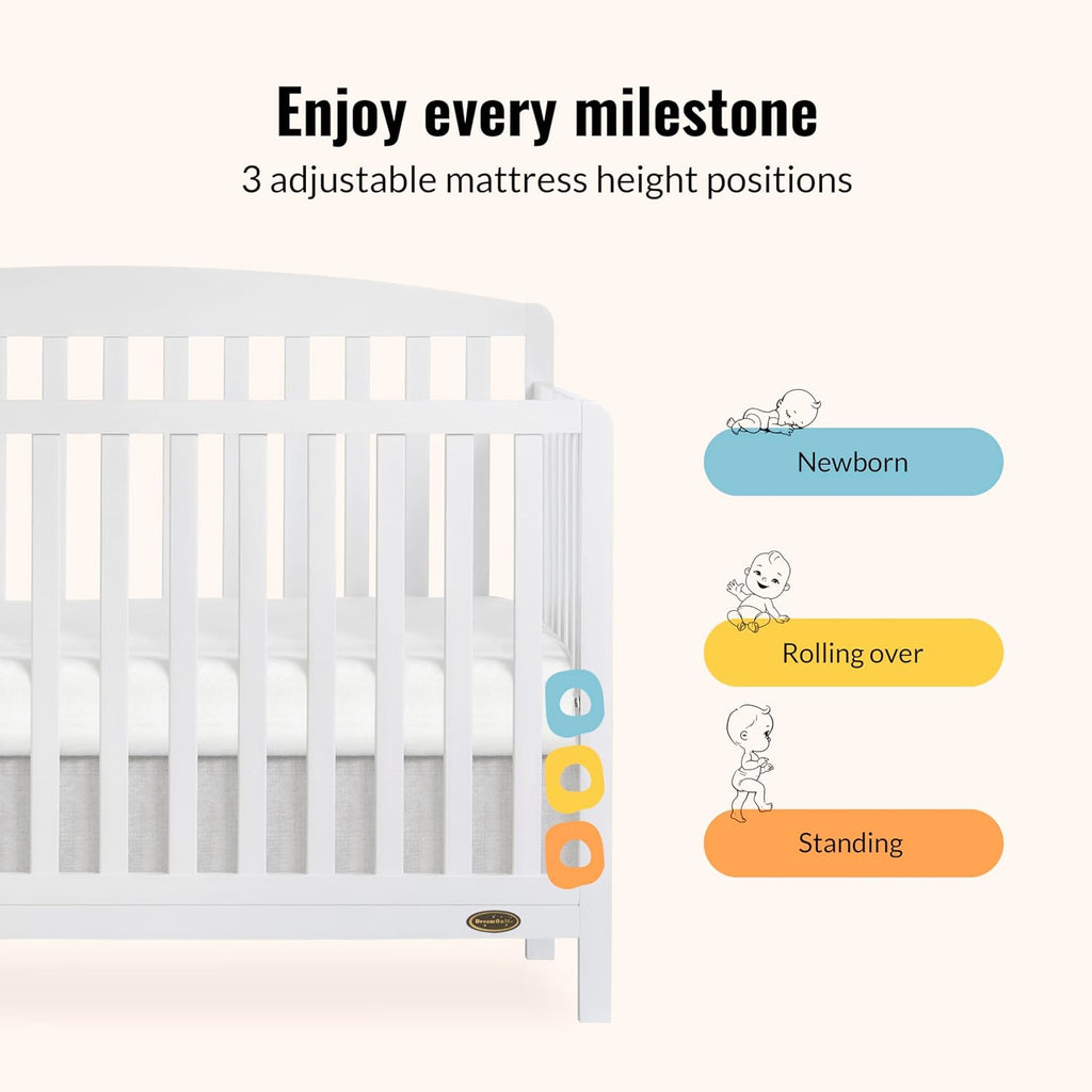 Dream On Me Odelle 5-in-1 Convertible Full-Size Baby Crib in White, GreenGuard Gold & JPMA Converts to Toddler, Day & Full-Size Bed, Sustainable Pinewood, 3 Mattress Heights