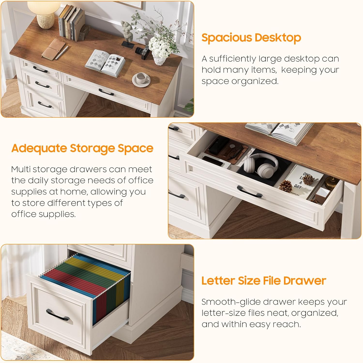 Vabches Farmhouse 47" Executive Desk with 3 Drawers and Adjustable File Drawer, Workstation Computer Desk for Home Office, Study, Unique White.