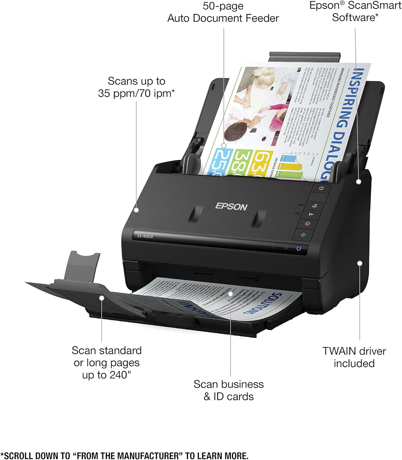Epson Workforce ES-400 II Color Duplex Desktop Document Scanner for PC and Mac, with Auto Document Feeder (ADF) (Renewed)