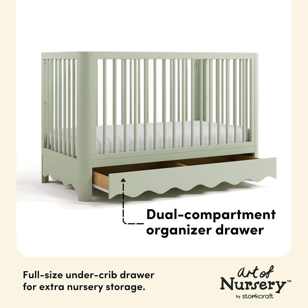 Storkcraft Casablanca Convertible Crib with Drawer and Toddler Guardrail (Sage) – GREENGUARD Gold Certified, Toddler Bed Conversion Kit Included, Fits Standard Crib Mattress, Crib with Storage