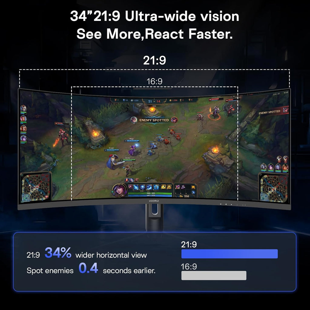 KOORUI 34 inch Ultrawide Curved Gaming Monitor 240Hz, PIP/PBP, 3440x1440P, 21:9 Display, 1500R Curvature. 1ms, Adaptive Sync, DP, HDMI, Vesa amoun,Support PS5,Computer Monitor G3441XC