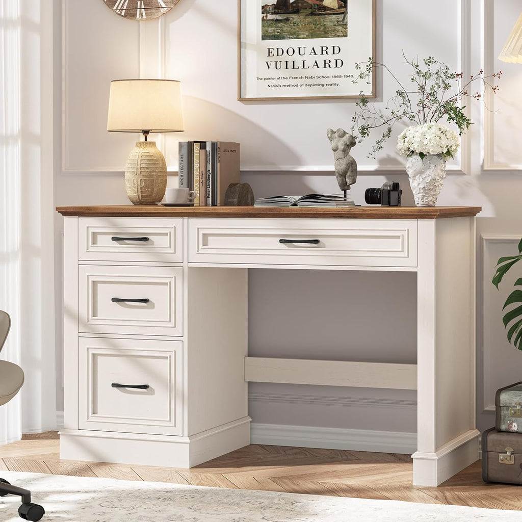 Vabches Farmhouse 47" Executive Desk with 3 Drawers and Adjustable File Drawer, Workstation Computer Desk for Home Office, Study, Unique White.