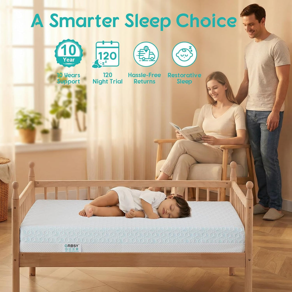 4 in 1 Crib Mattress, 6" Dual Sided Memory Foam Toddler Bed Mattress, Cotton Heat & Tencel Cooling Cover, Firm Breathable Baby Mattress for Infant & Toddler, Waterproof Linning & Washable