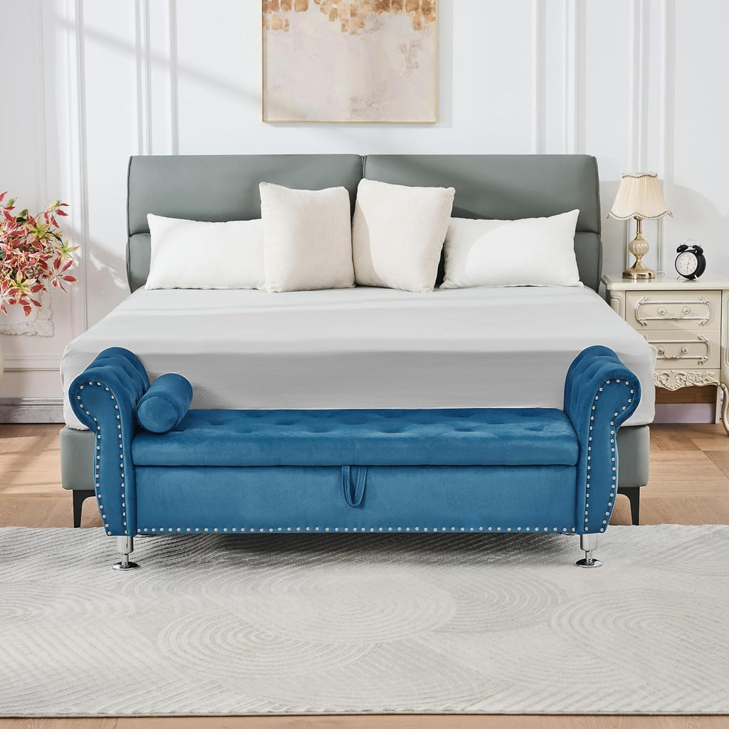 62.2-Inch Soft Velvet Storage Ottoman with Crystal Accents & Cushion, Ideal for Home Decor (Blue)