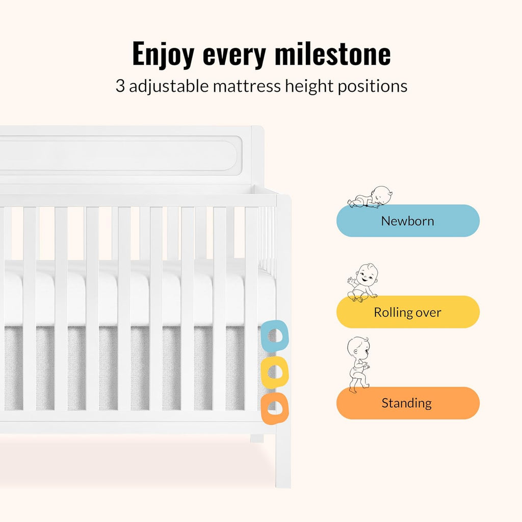 Dream On Me Avery 5-in-1 Convertible Full-Size Baby Crib in White, Converts to Toddler Bed, Daybed & Full-Size Bed, 3 Adjustable Mattress Heights, Greenguard Gold & BSA Certified