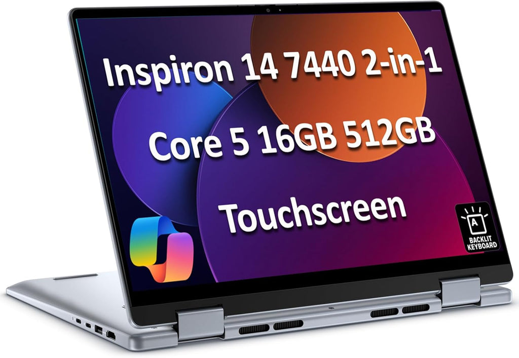 Dell Inspiron 14 7440 2-in-1 Laptop (14" FHD+ Touchscreen, Intel Core 5 120U (> i7-1355U), 16GB DDR5, 512GB SSD), for Designer, Creator, 10-Hr Long Battery Life, Backlit, Win 11 Pro w/ AI Copilot
