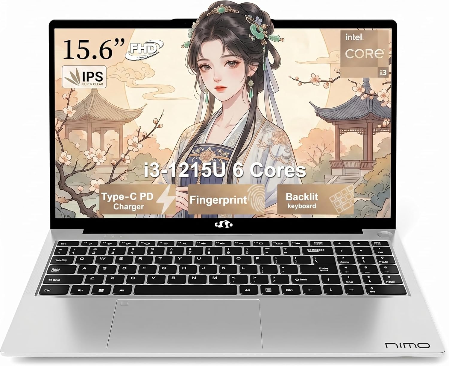 NIMO 15.6" FHD IPS Laptop, Intel Core i3-1215U (Beats i5-1135G7 Class), 16GB RAM, 512GB SSD, Windows 11 Home, Wi-Fi 6, Backlit Keyboard, Fingerprint, USB-C 65W Fast Charge, Bluetooth 5.2, 180° View