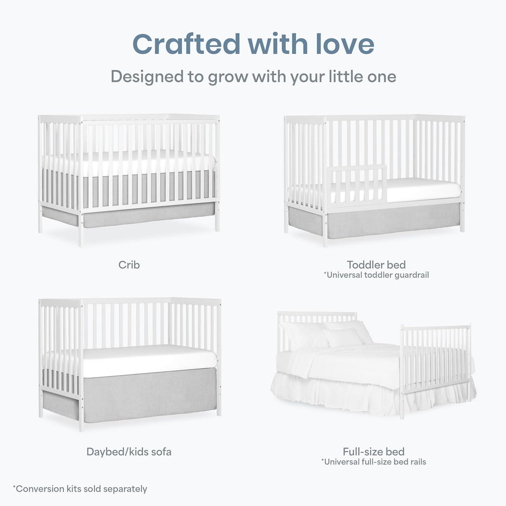 Dream On Me Synergy 5-in-1 Convertible Full-Size Baby Crib with Toddler, Day & Full Bed Conversion in White, GreenGuard Gold & BSA, 3 Mattress Heights, Sustainable Pinewood