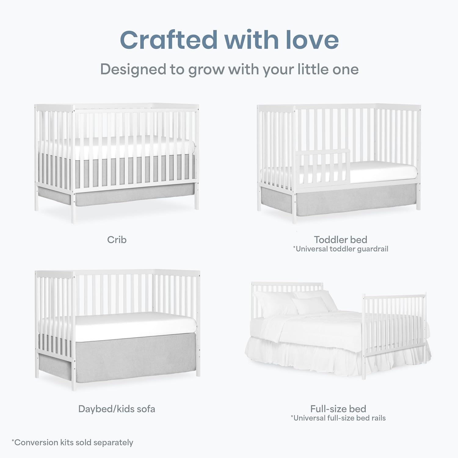 Dream On Me Synergy 5-in-1 Convertible Full-Size Baby Crib with Toddler, Day & Full Bed Conversion in White, GreenGuard Gold & BSA, 3 Mattress Heights, Sustainable Pinewood