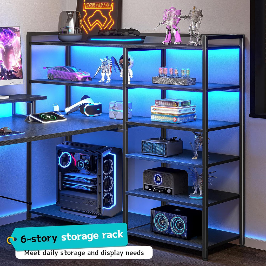 DurayLoly 63" L Shaped Gaming Desk with Monitor Stand & CPU Stand, Reversible Corner Desk with 6-Tier Shelves& 2 Fabric Drawers, Ergonomic Computer Desk with Power Outlet & LED Lights,Black