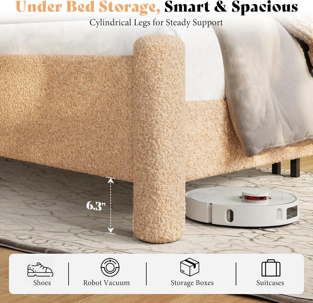 AMERLIFE Queen Boucle Cloud Upholstered Bed Frame with Cylinder Headboard, Modern Platform Structure, Sherpa Boucle Soft Design, No Box Spring Needed, Khaki