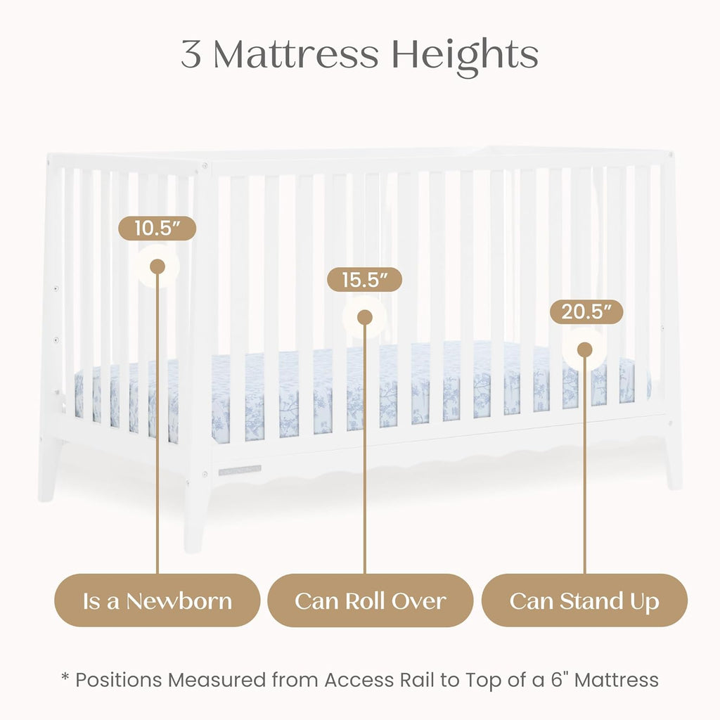 Delta Children Lulu 5-in-1 Convertible Crib, Converts to Toddler Bed, Daybed, Sofa & Full-Size Bed, Natural Wood, Fits Standard Crib Mattress, 3 Mattress Heights for Baby Nursery, Bianca White