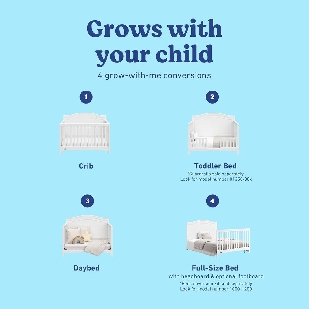 Graco Paris 4-in-1 Convertible Crib – GREENGUARD Gold Certified, Converts to Toddler Bed and Daybed, Fits Standard Full-Size Crib Mattress, Adjustable Mattress Support Base (White)