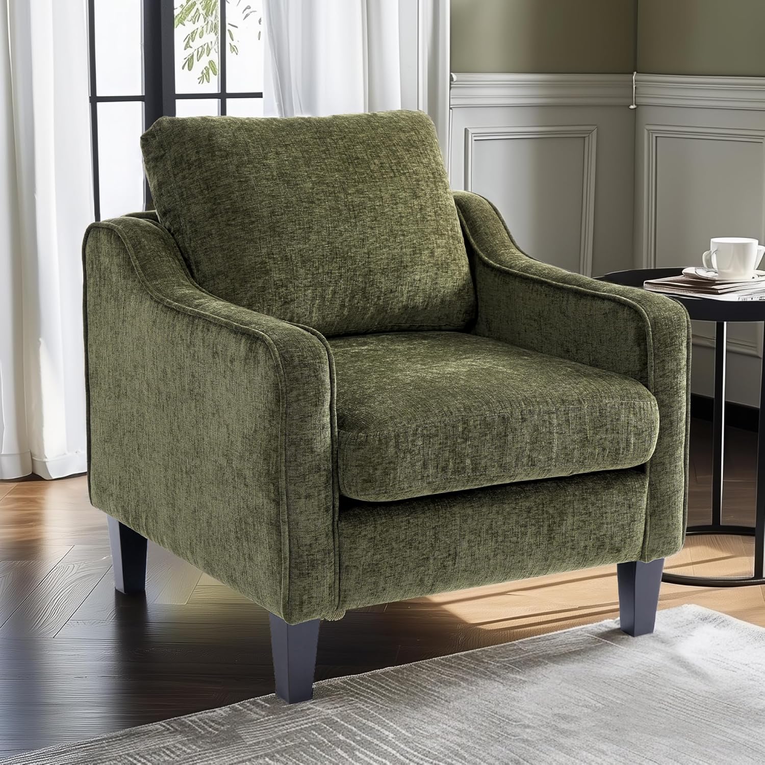 FLEXISPOT AC2 Accent Chairs Set of 2, Mid Century Modern Chenille Upholstered Armchairs with Padded Back, Comfy Reading Chairs for Living Room, Bedroom, Office & Small Spaces, Green