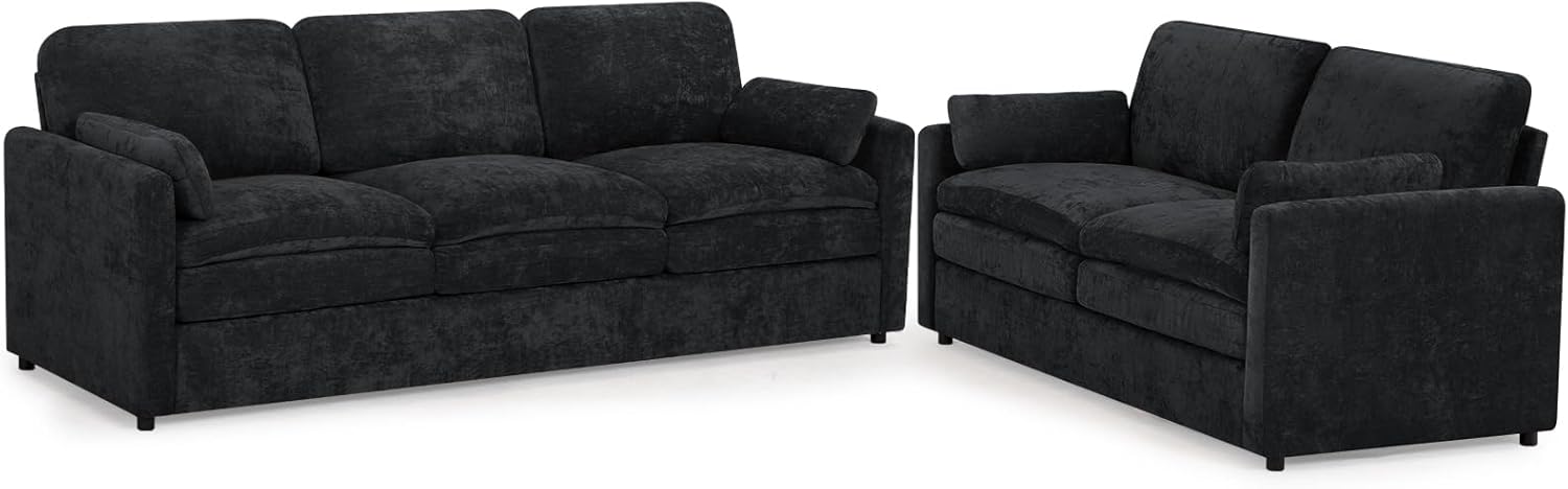 2 Pieces Chenille Sofa Set w/Two Throw Pillows, Upholstered Loveseat & 3 Seater Sofa w/Comfortable Back Cushions, Modern 2-Seat & 3-Seat w/High-Density Foam for Living Room, Apartment, Black