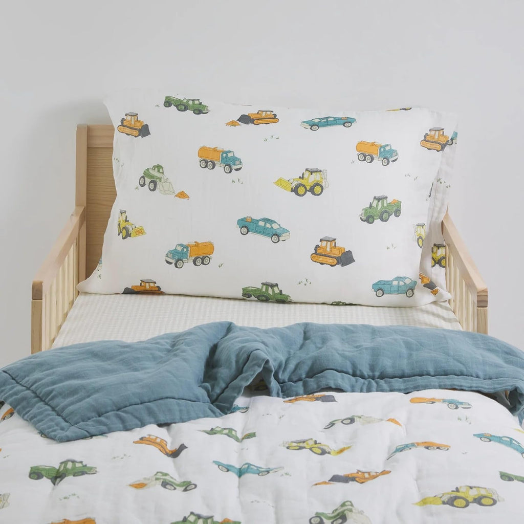 Little Unicorn Toddler Bedding 3-Piece Set | Includes Comforter, Crib Sheet & Pillowcase | Soft & Breathable Muslin Fabric | for Convertible Cribs & Toddler Beds (Work Trucks)