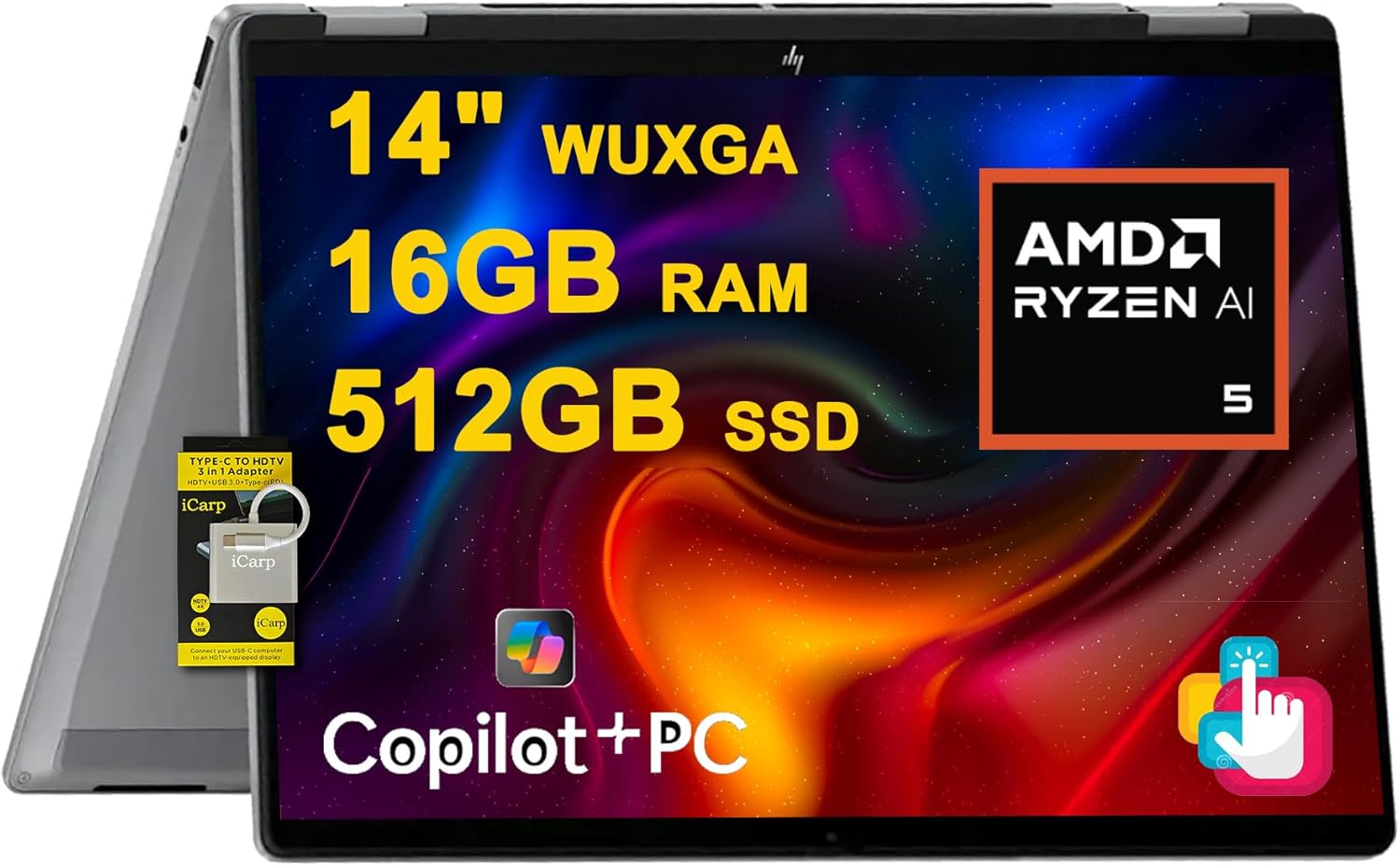 HP OmniBook X Flip 2-in-1 Laptop 14" WUXGA IPS Touch (400nits) AMD 6-core Ryzen AI 5 340 (Up to 50 Tops) 16GB RAM 512GB SSD for Creator Designer Business Professional Win11 ICP Hub