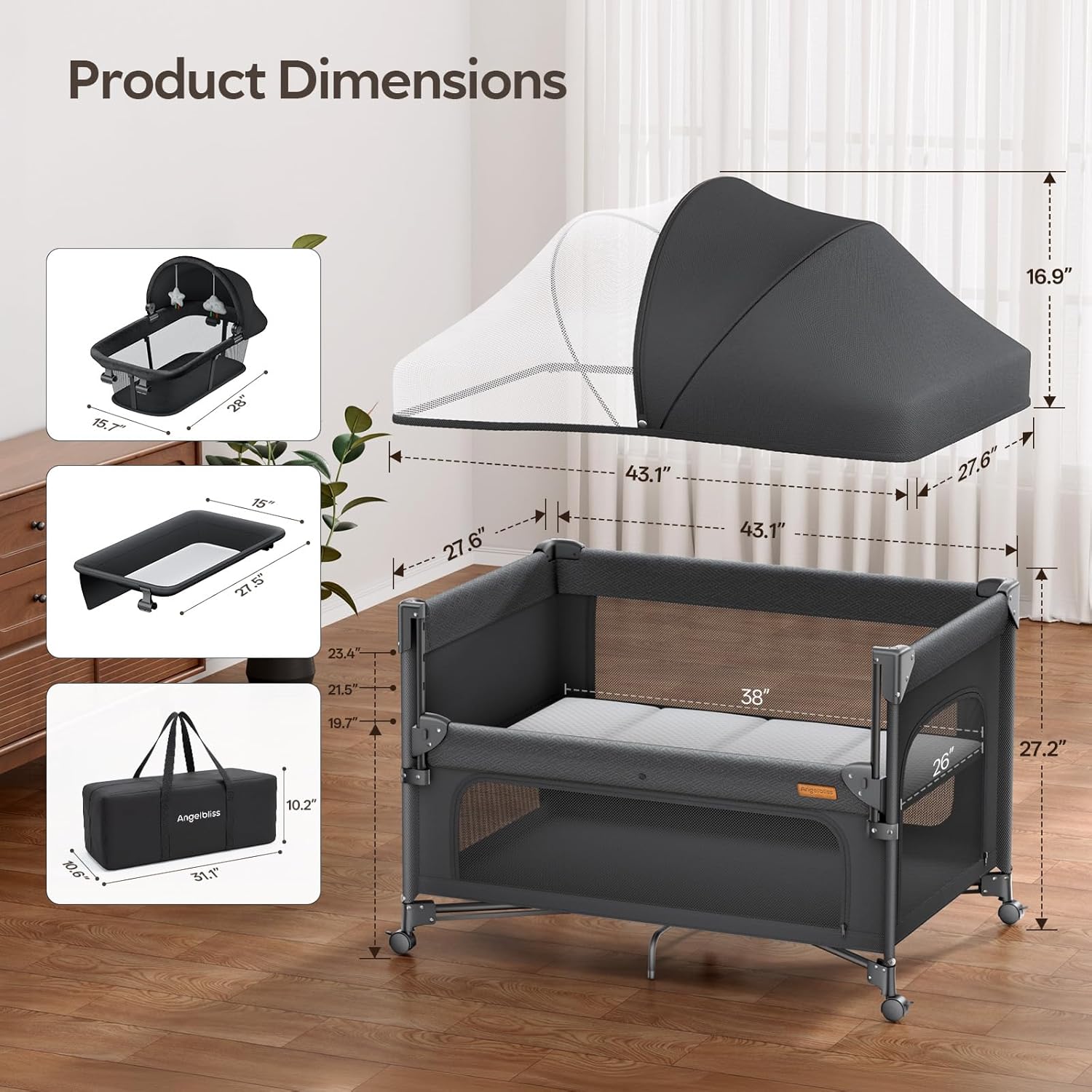ANGELBLISS Baby Bassinet Bedside Crib, 5-in-1 One-Push Instant Fold Pack and Play with Changing Table, Napper Bassinet, Mattress & Mosquito Net, Portable Playard for Newborns to Toddlers