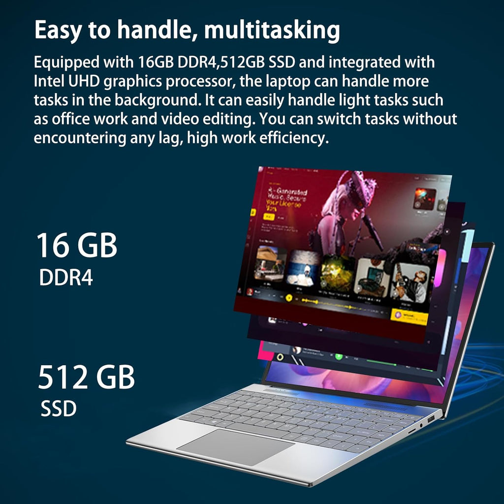 13.5-inch portable touchscreen laptop computer,16GB RAM,512GB SSD,3K (3000×2000) IPS,Celeron N95 processor up to 3.4 GHz,10000mAh battery,backlit keyboard,fingerprint unlocking,Windows 11,slim laptops