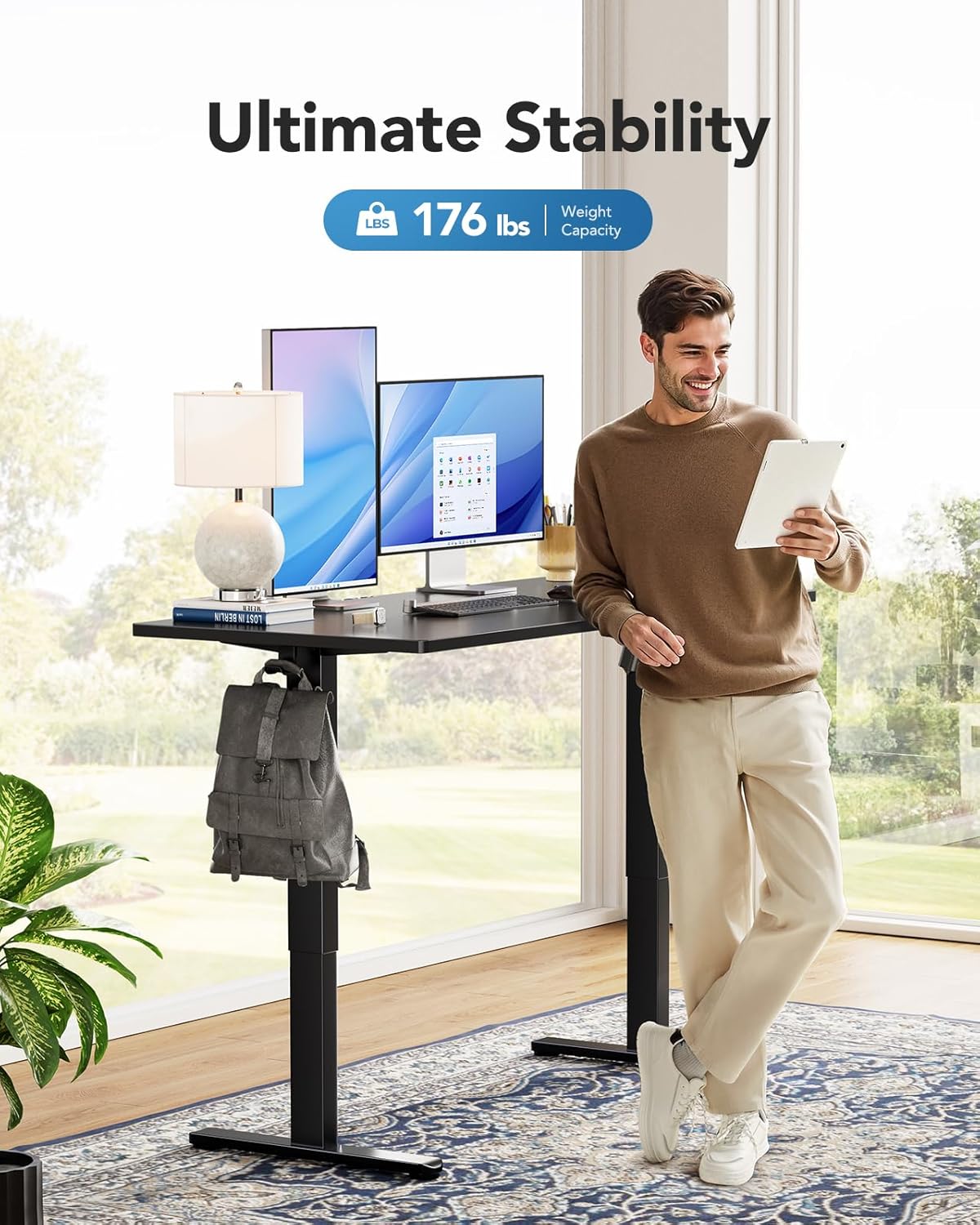 HUANUO Electric Standing Desk, Whole Piece Desktop, Adjustable Height Computer Desks, 4 Height Memory Settings, Sit Stand Up Desk for Home Office, 48" x 24", Black