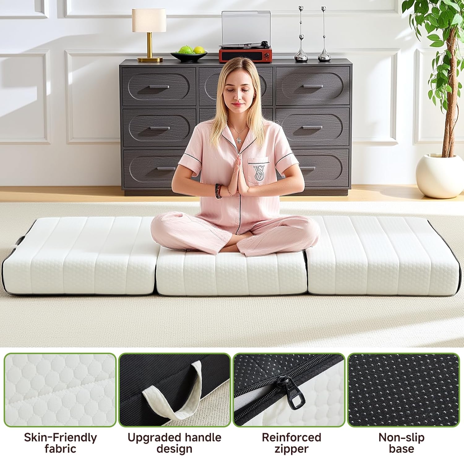 ROXGOX Foldable Mattress, King Tri-Fold Memory Foam Mattress with Washable Cover, Handle & Non-Slip Bottom, 6 Inch Portable Folding Bed for Guest, Yoga, Living Room, Camping - 80"x76"x6"
