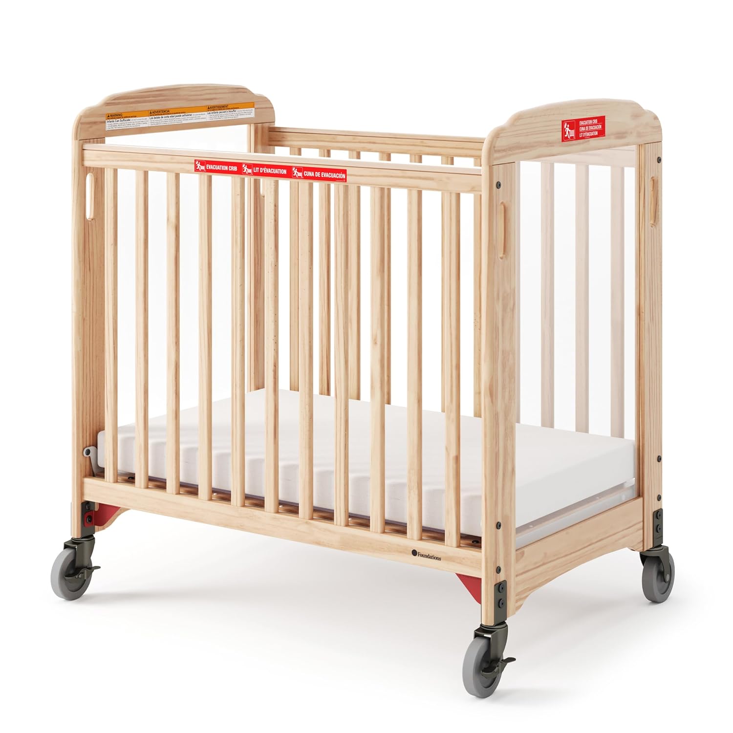 Foundations First Responder Evacuation Fixed-Side Daycare Crib, Features Clearview Panels, Includes Evacuation Frame, 4" Casters, and 3-inch Ultradurable Foam Mattress, Natural