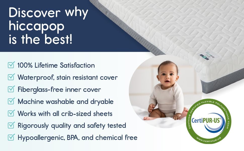 Hiccapop Baby Crib Mattress, Waterproof, Dual Sided Foam Baby Mattress, Firm Side for Babies, Soft Memory Foam Side for Toddlers, Made in USA