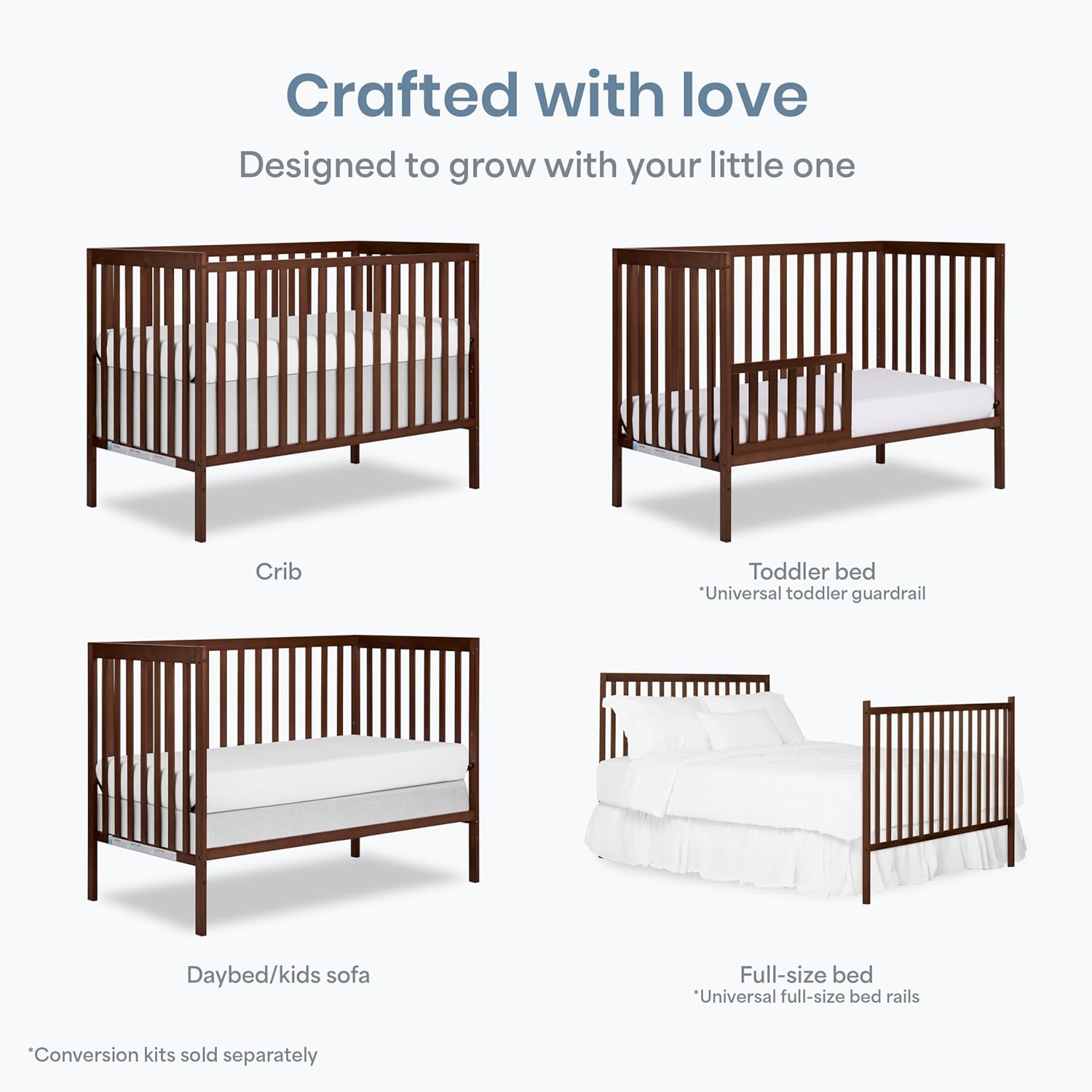 Dream On Me Synergy 5 in 1 Convertible Crib in Walnut Brown, Greenguard Gold and JPMA Certified, Converts from A Baby Crib to A Toddler Bed, A Daybed and Full-Size Bed