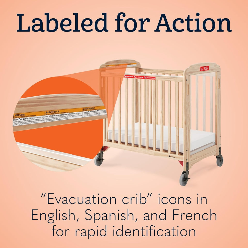 Foundations First Responder Evacuation Fixed-Side Daycare Crib, Features Clearview Panels, Includes Evacuation Frame, 4" Casters, and 3-inch Ultradurable Foam Mattress, Natural