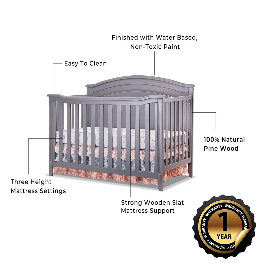 Sorelle Furniture Berkley Round Top Crib, Classic 4-in-1 Convertible Crib, Made of Wood, Non-Toxic Finish, Wooden Baby Bed, Toddler Bed, Child's Daybed and Full-Size Bed, Nursery Furniture-Gray