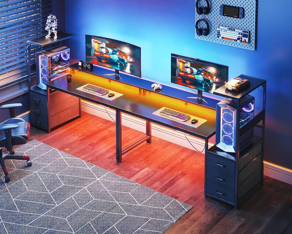 AODK 59 Inch Gaming Desk with LED Light- Reversible Computer Desk with Storage Shelves & Monitor Stand, Modern Gamer Desk Table with Fabric Drawers, Black