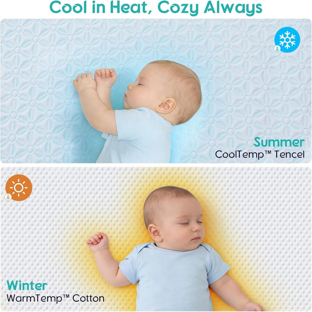4 in 1 Crib Mattress, 6" Dual Sided Memory Foam Toddler Bed Mattress, Cotton Heat & Tencel Cooling Cover, Firm Breathable Baby Mattress for Infant & Toddler, Waterproof Linning & Washable