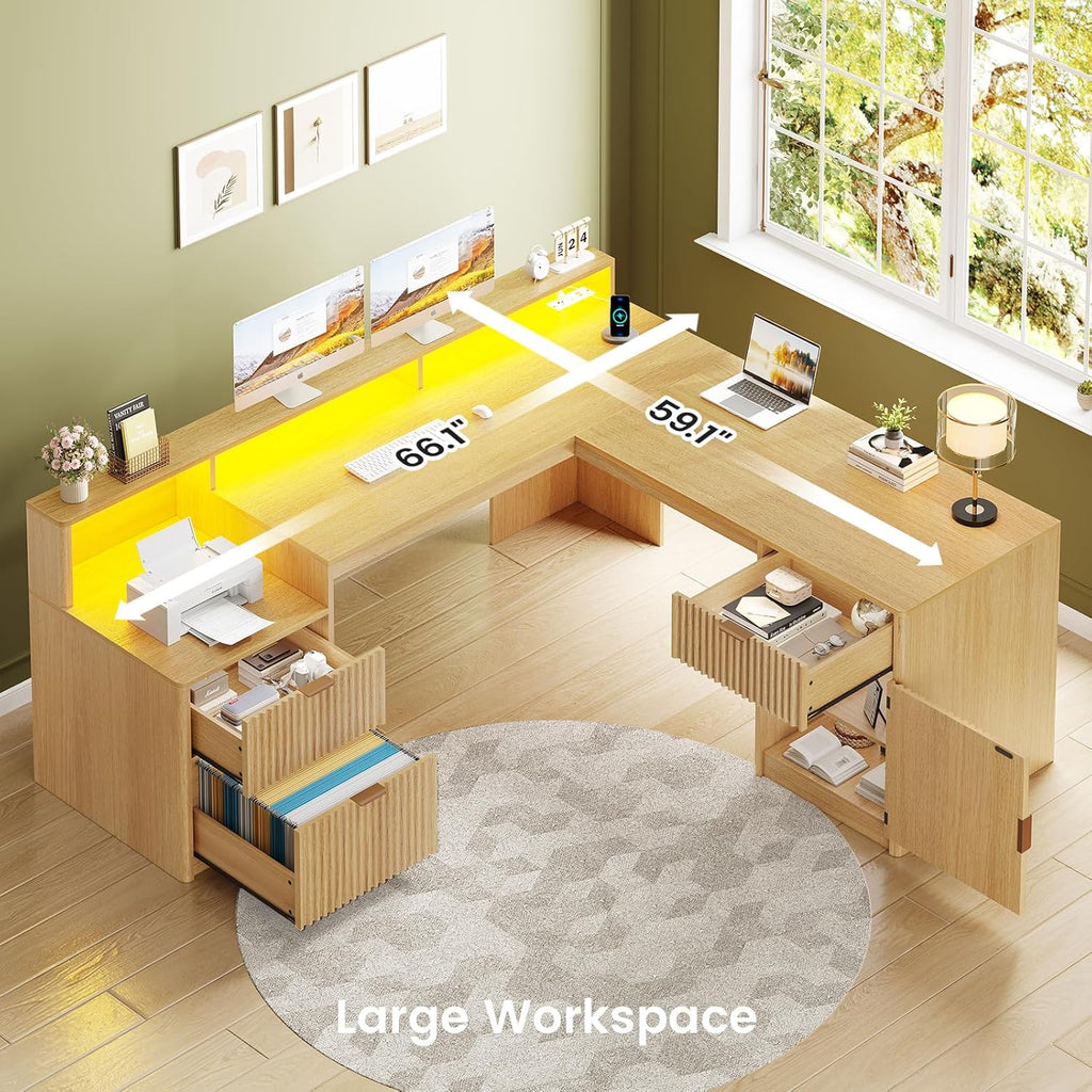 SEDETA 66" Modern L Shaped Desk with Drawers, Fluted Home Office Desk with File Cabinet and Printer Shelf, Wood Executive Desk with Monitor Stand, Power Outlets, Led Lights, Oak