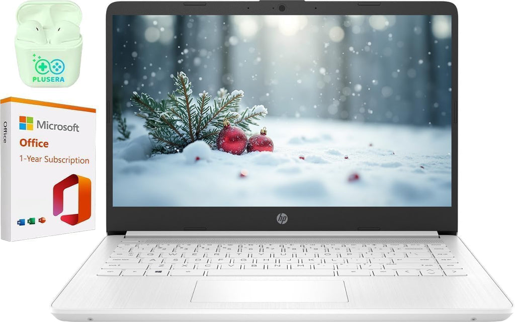 HP 14" Business Laptop, 1-Year Office 365 with Copilot AI, Dual-Core Intel Processor, Win 11, PLUSERA Earphones, Snowflake White–Best Value (Snowflake White, 16GB RAM | 1.1TB Storage)