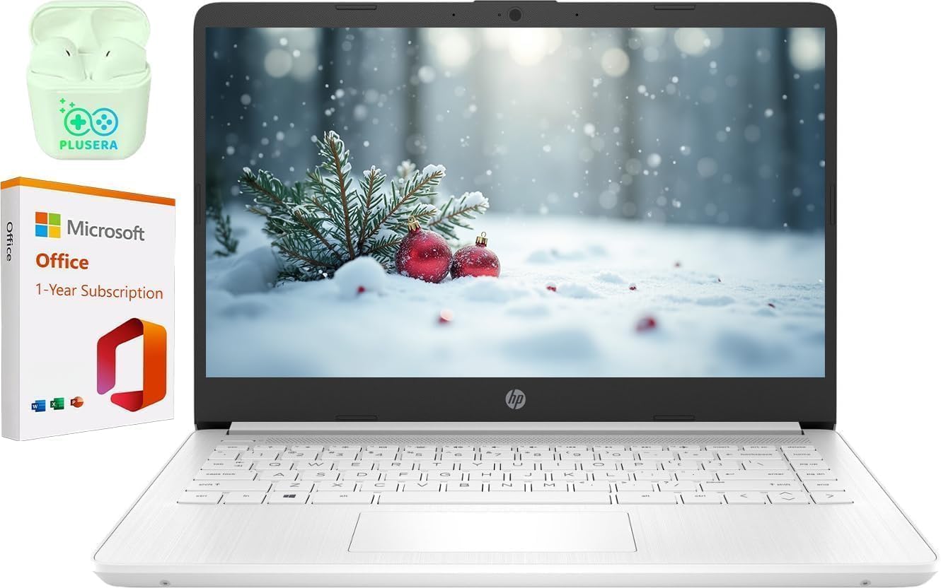 HP 14" Business Laptop, 1-Year Office 365 with Copilot AI, Dual-Core Intel Processor, Win 11, PLUSERA Earphones, Snowflake White–Best Value (Snowflake White, 16GB RAM | 1.1TB Storage)