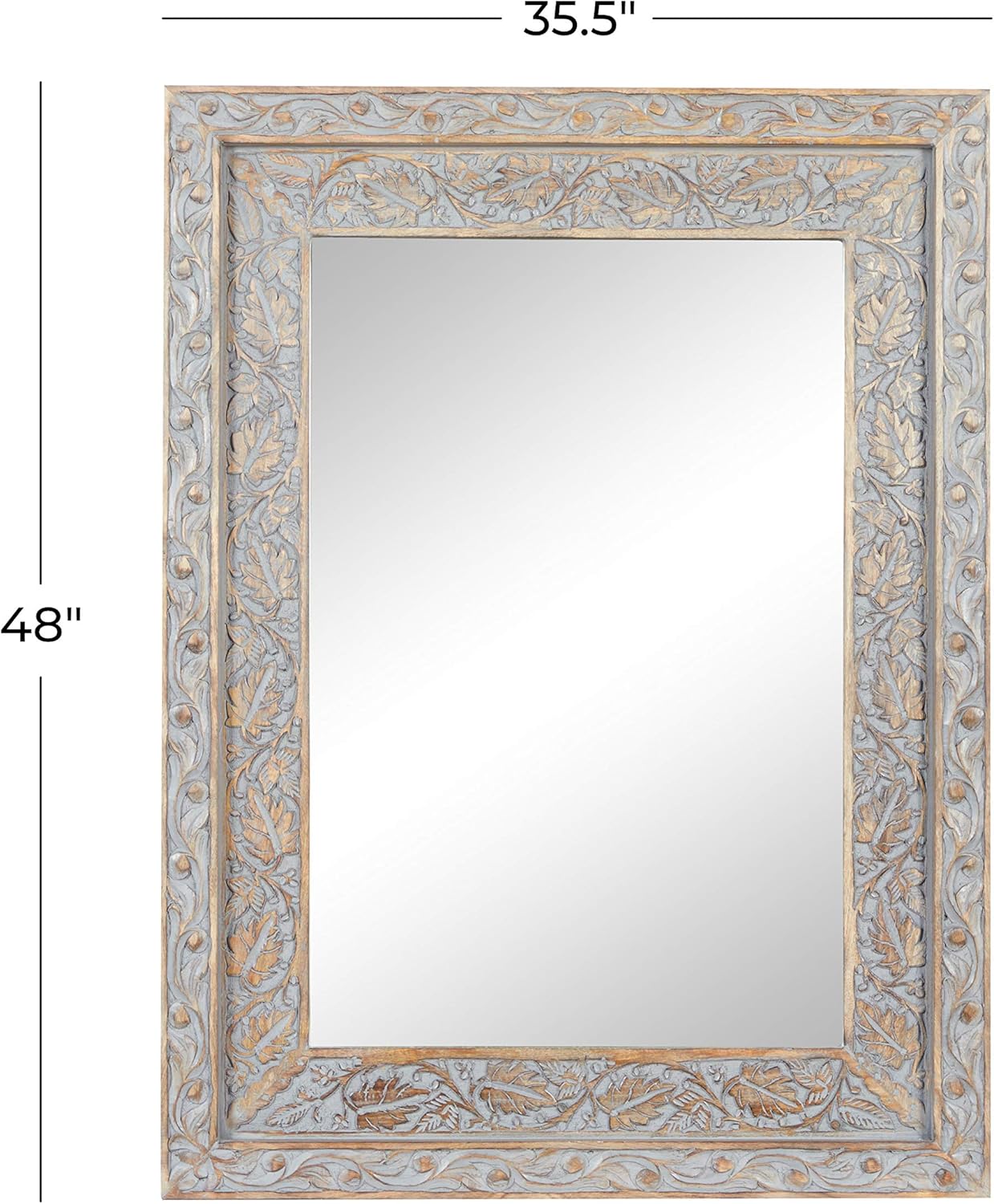 Deco 79 Wood Floral Handmade Room Wall Mirror Intricately Carved Entryway Mirror, Wall Mounted Mirror 36" x 3" x 48", Gray