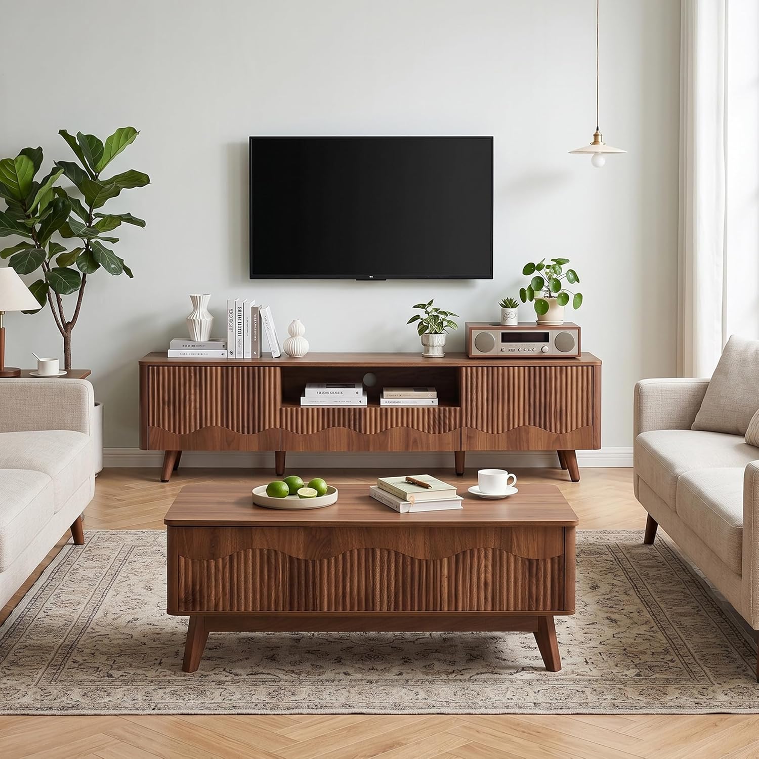 BERRYMERRY Fluted Wave TV Stand and Coffee Table Set of 2, Mid Century Modern Lift Top Coffee Table and Entertainment Center for Living Room (Walnut)
