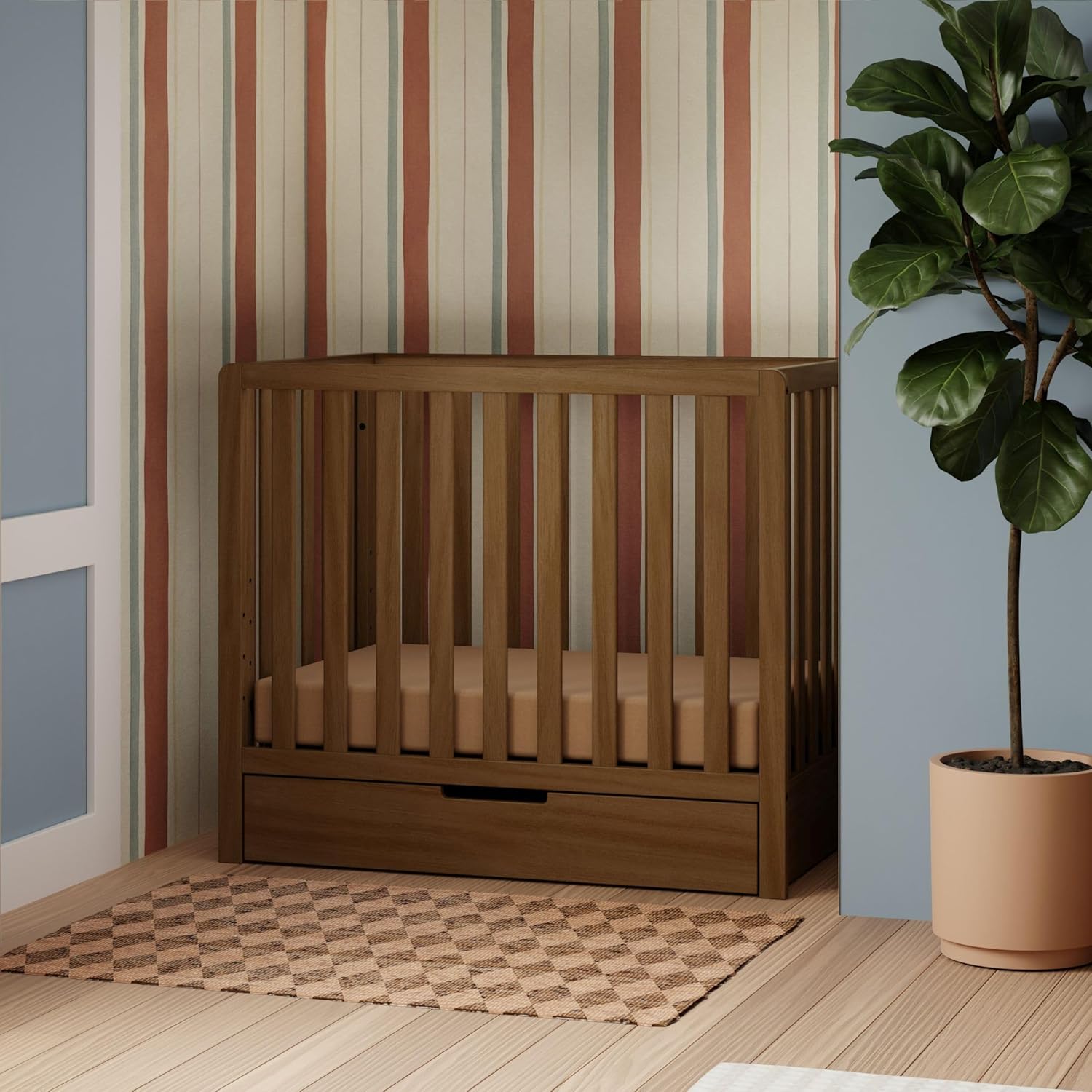 Carter's by Davinci Colby 4-in-1 Convertible Mini Crib with Trundle Drawer in Walnut, Greenguard Gold Certified, Undercrib Storage