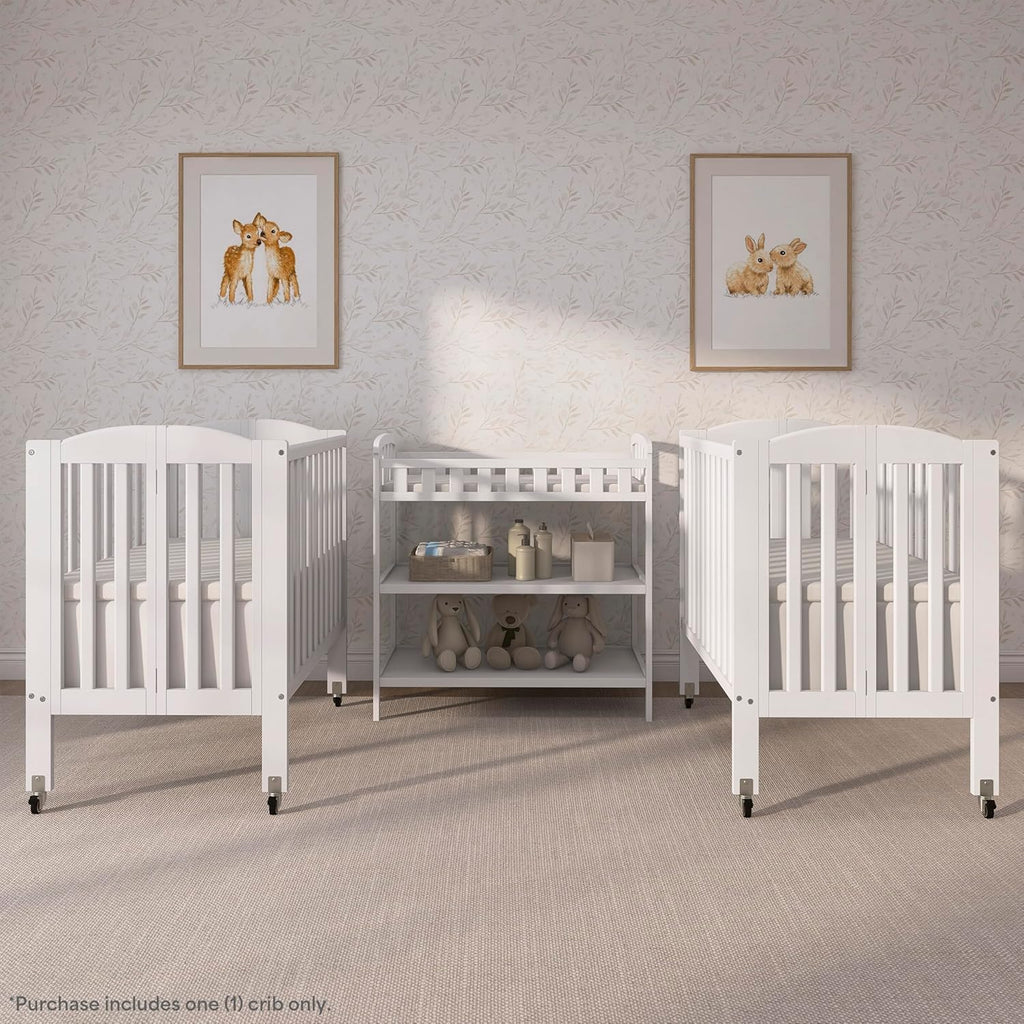 Dream On Me 2-in-1 Portable Mini Crib, Non-Full Size Baby Crib for Small Spaces, 2 Mattress Heights, Compact Travel Design, Includes Mattress, GREENGUARD Gold & BSA Certified, White