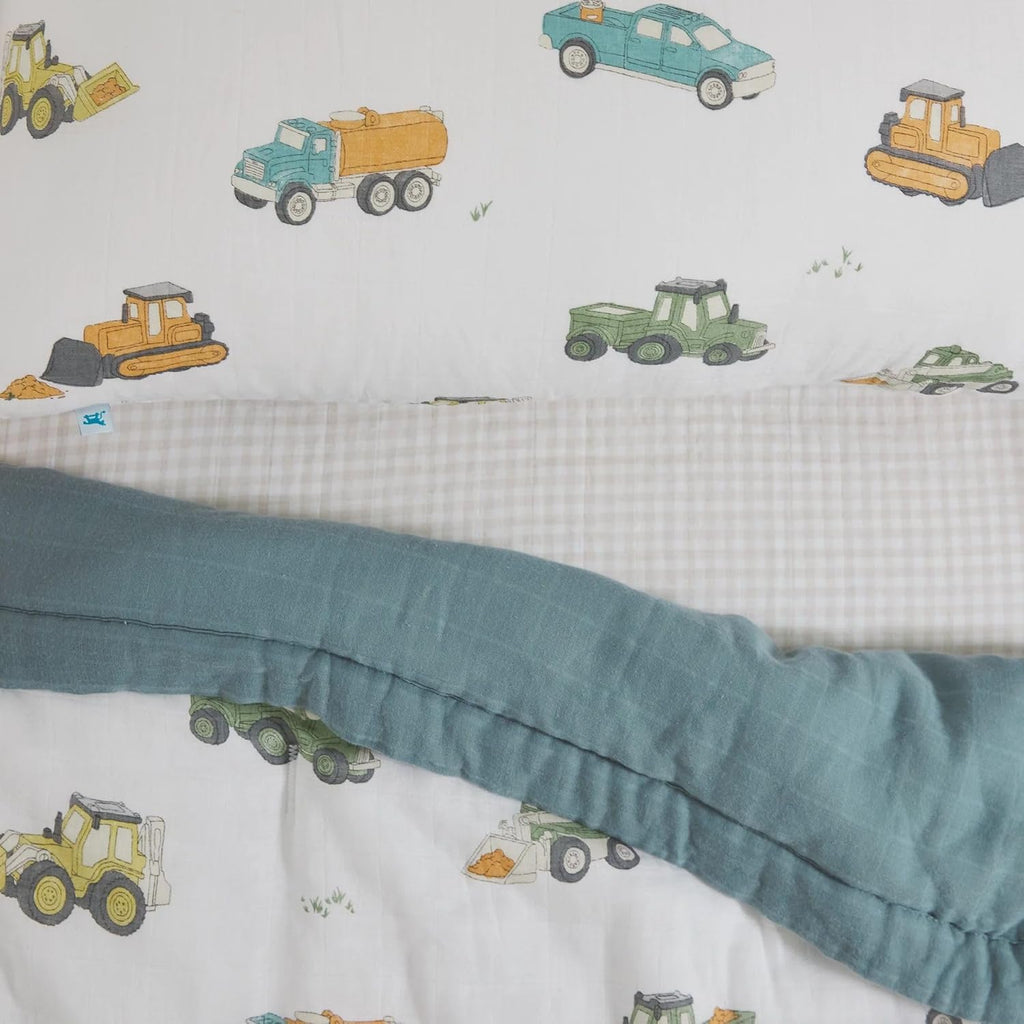 Little Unicorn Toddler Bedding 3-Piece Set | Includes Comforter, Crib Sheet & Pillowcase | Soft & Breathable Muslin Fabric | for Convertible Cribs & Toddler Beds (Work Trucks)