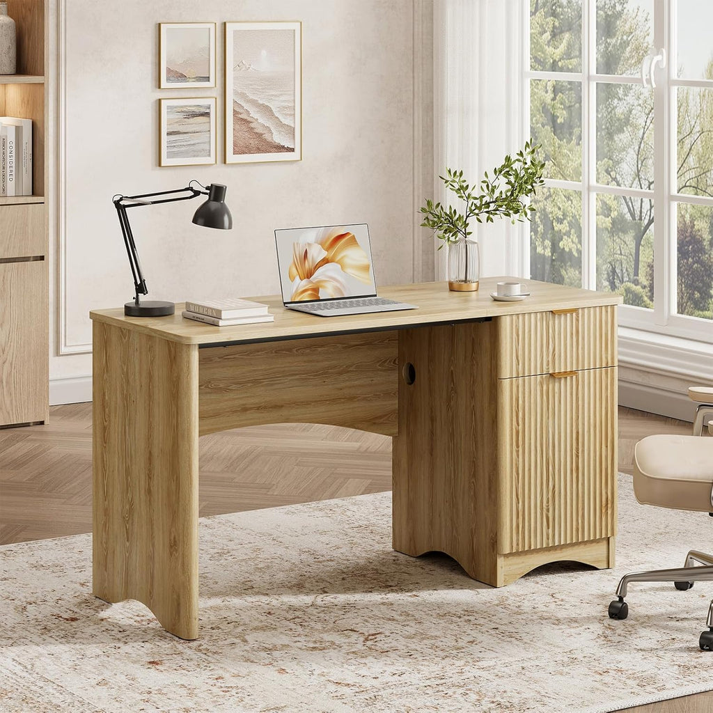 Bestier 47 inch Fluted Computer Desk with Drawer, Office Desk with File Cabinet, Modern Wood Desk with Storage Cabinet for Home Office Bedroom Study, Natual Oak