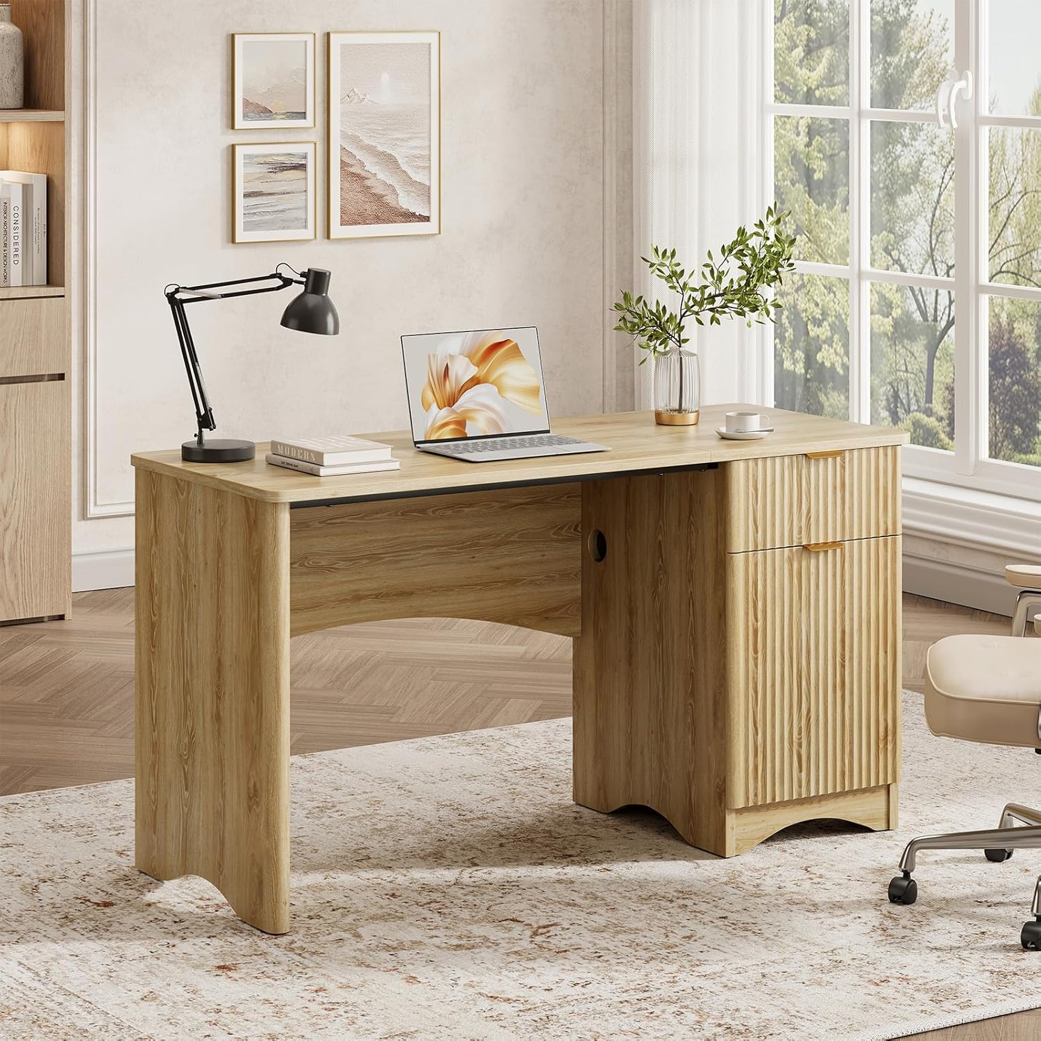 Bestier 47 inch Fluted Computer Desk with Drawer, Office Desk with File Cabinet, Modern Wood Desk with Storage Cabinet for Home Office Bedroom Study, Natual Oak