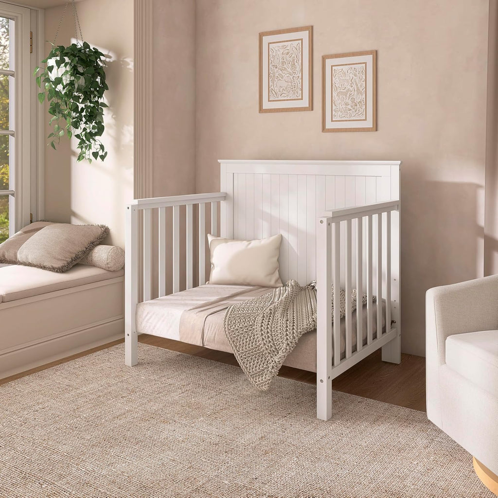 Dream On Me Ava 4-in-1 Mini Baby Crib with Daybed & Twin Bed Conversion in White, GreenGuard Gold & BSA, Non-Toxic Finish, 3-Position Adjustable Height, Includes 1″ Mattress Pad