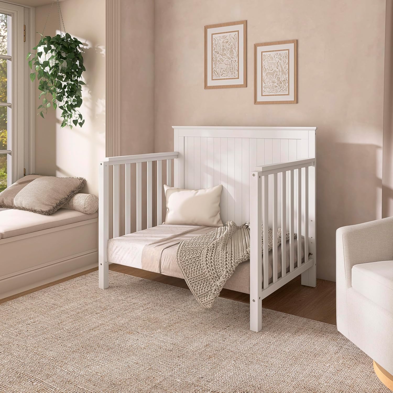 Dream On Me Ava 4-in-1 Mini Baby Crib with Daybed & Twin Bed Conversion in White, GreenGuard Gold & BSA, Non-Toxic Finish, 3-Position Adjustable Height, Includes 1″ Mattress Pad