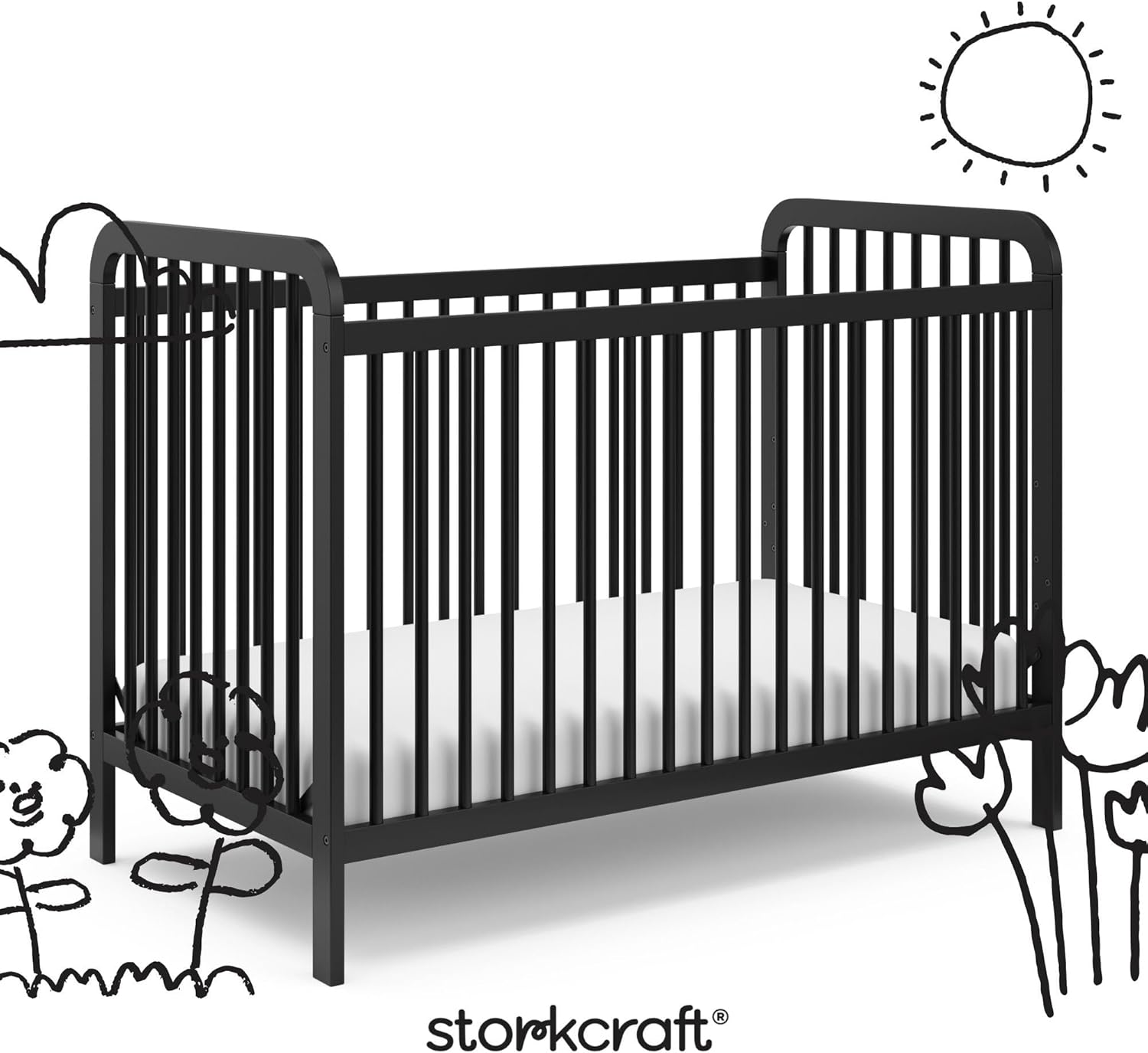 Storkcraft Pasadena 3-in-1 Convertible Crib – GREENGUARD Gold Certified, 100% Solid Wood, Fits Standard Crib Mattress, Converts to Toddler Bed and Daybed, 4 Mattress Heights (Black)