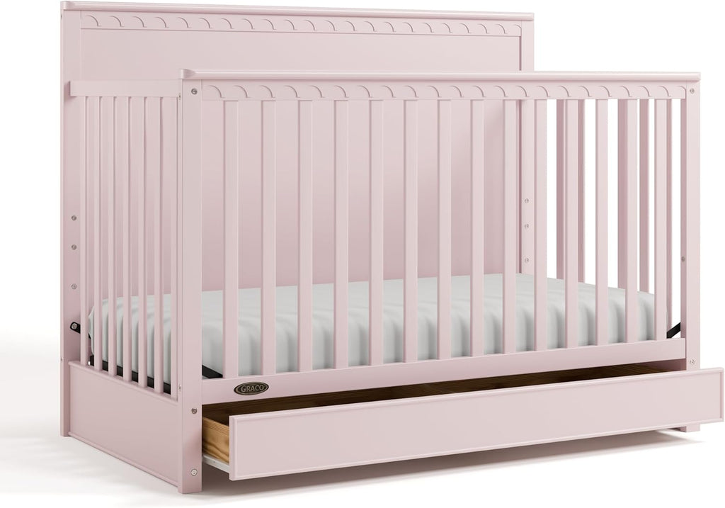 Graco Sasha 5-in-1 Convertible Crib with Drawer – GREENGUARD Gold Certified Wood Crib, Converts to Toddler Bed, Daybed, Full-Size Bed, Stylish Classic Design (Blush)