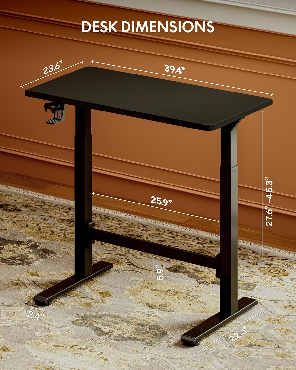 FLEXISPOT H7 Plus Gas Spring Adjustable Standing Desk, Mobile Rolling Sit-Stand Table with Wheels, Cordless Stand Up Desk for Small Spaces & Home Office, 40" One-Piece Desktop Black,Height 27.6"–45"